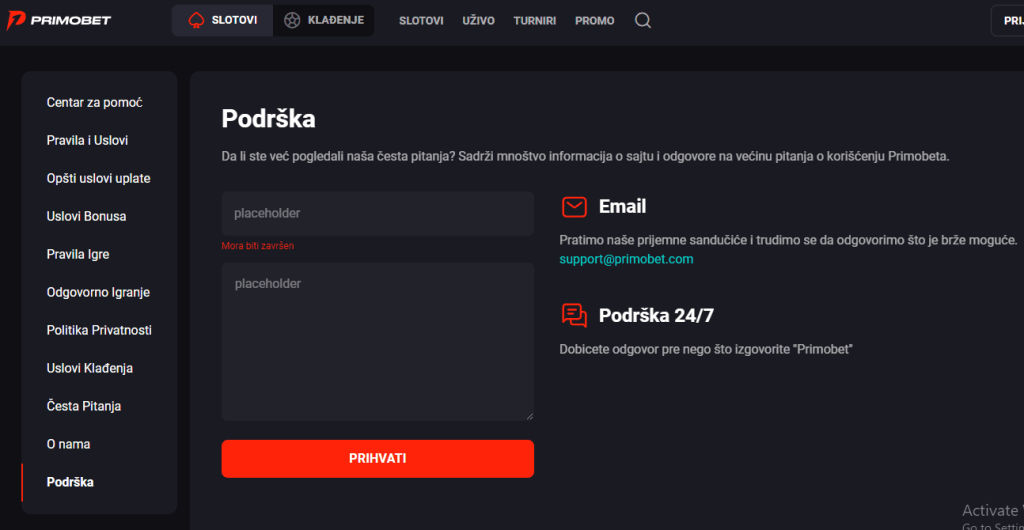 korisnicka podrska u Primobetu